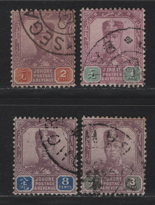 Lot 137 Malaya - Johore (C) SG#61a, 62-63, 66 1c - 8c Dull Purple & Green - Dull Purple & Blue , 1904-1910 Sultan Ibrahim Issue, 4 Very Fine Used Singles, 1c Is Chalky Paper, Others Are All Normal Paper