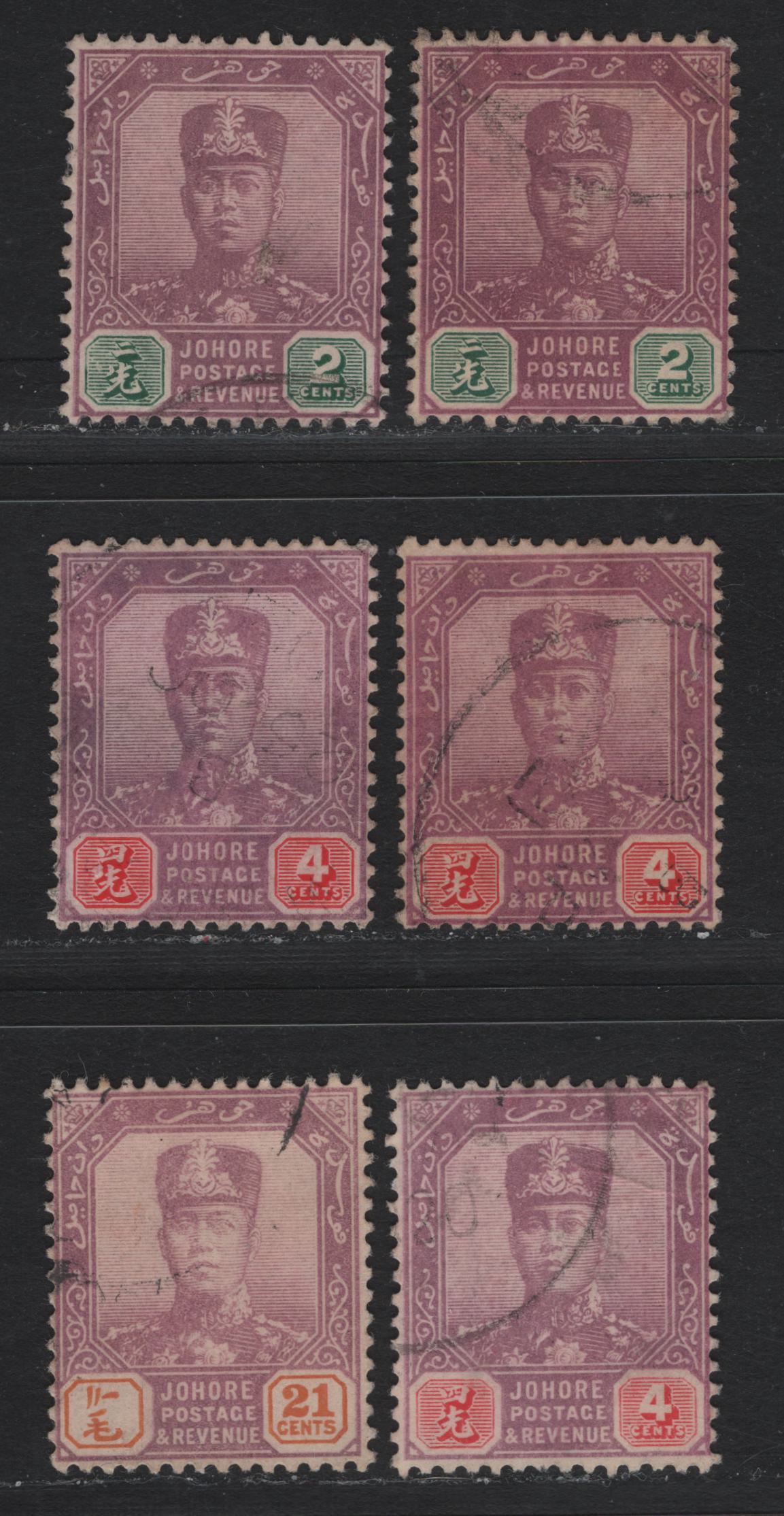 Lot 139 Malaya - Johore (C) SG#89, 91, 94 2c - 21c Dull Purple & Green - Dull Purple & Orange , 1918-1920 Sultan Ibrahim Keyplates, 5 Fine/Very Fine Used Singles, Multiple Crown CA With Shades