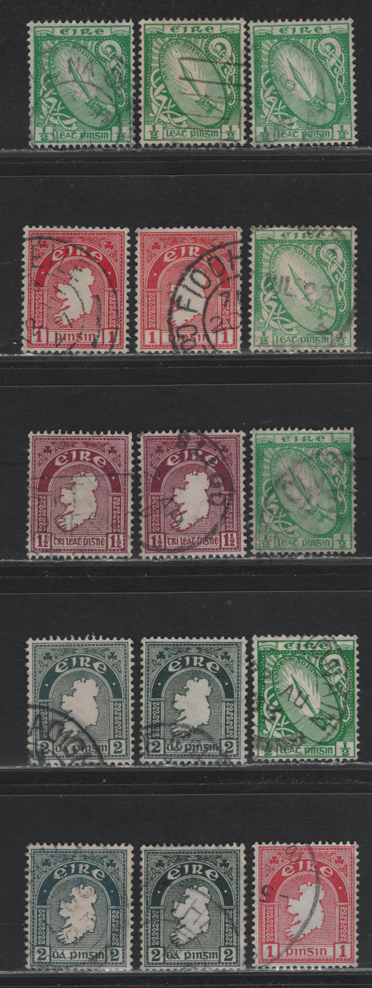 Lot 14 Ireland (C) SG#71-74 1/2d - 2d Bright Green/Emerald Green - Gray Green , 1922-1934 Pictorial Keyplates, 15 Very Fine Used Singles, Different Shades, S&E Monogram Wmk