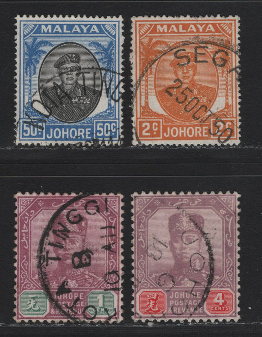 Lot 141 Malaya - Johore (C) SG#78, 91, 134, 144 1c - 50c Dull Purple & Green - Black & Blue , 1910-1955 Sultan Ibrahim Keyplates, 4 Very Fine Used Singles, Town Cancels Including Kota Tinggi, Johore & Sega…