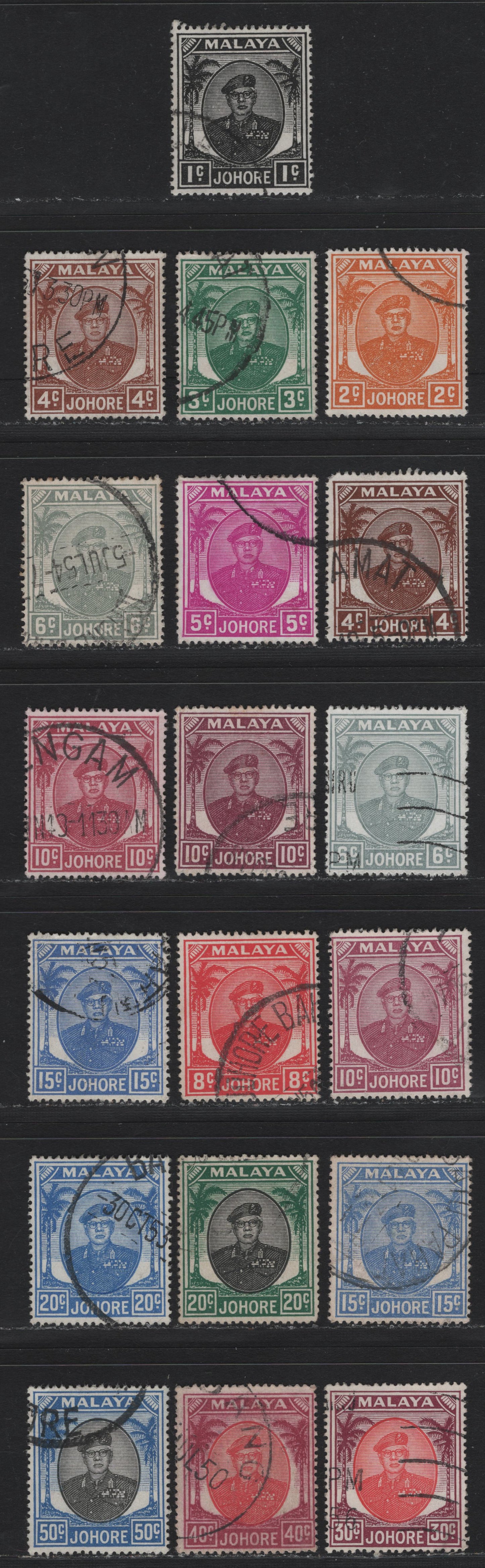 Lot 143 Malaya - Johore (C) SG#133/144 1c - 50c Black - Black & Blue , 1949-1955 Sultan Ibrahim Keyplates, 19 Fine/Very Fine Used Singles, Shade Varieties