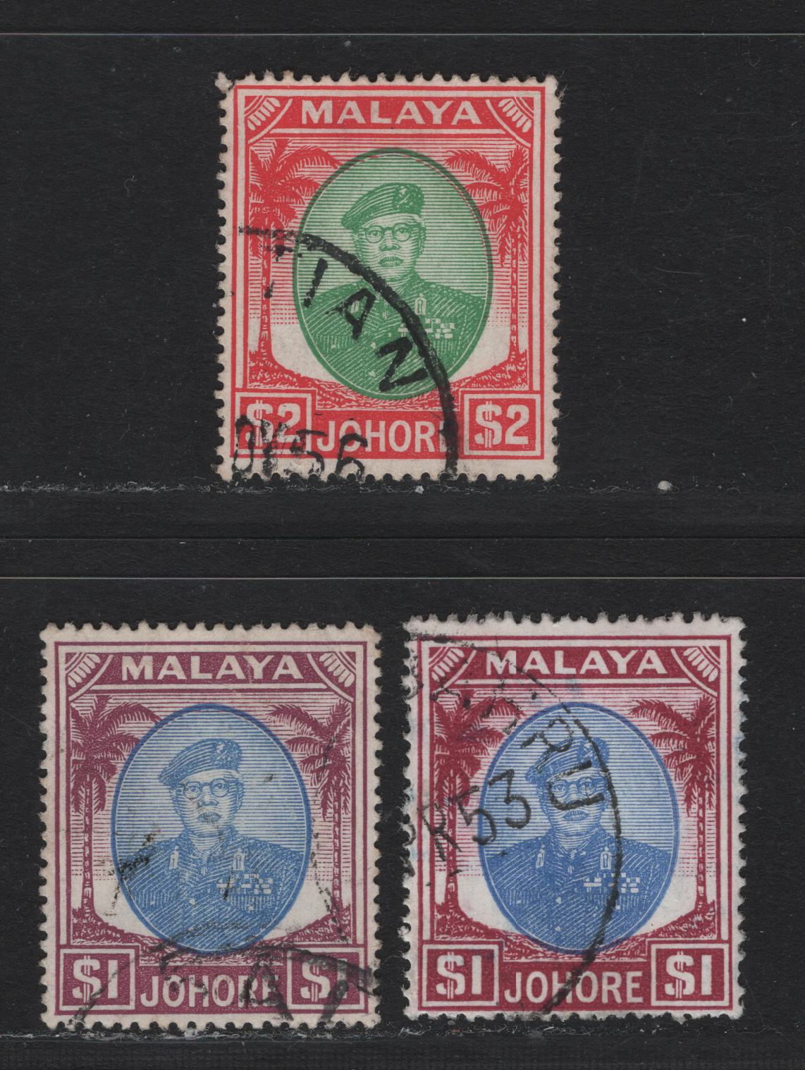 Lot 144 Malaya - Johore (C) SG#145-146 $1 - $2 Blue & Dull Purple - Green & Scarlet , 1949-1955 Sultan Sir Ibrahim Keyplates, 3 Very Fine Used Singles, Includes 2 Shades of the $1 When There Are, Suprisingly No Listed Variants