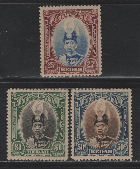 Lot 145 Malaya - Kedah (C) SG#62, 65-66 25c - $1 Ultramarine & Purple - Black & Green , 1937 Sultan Abdul Hamid Halimshah Issue, 3 F/VFOG Singles, Toned Gum