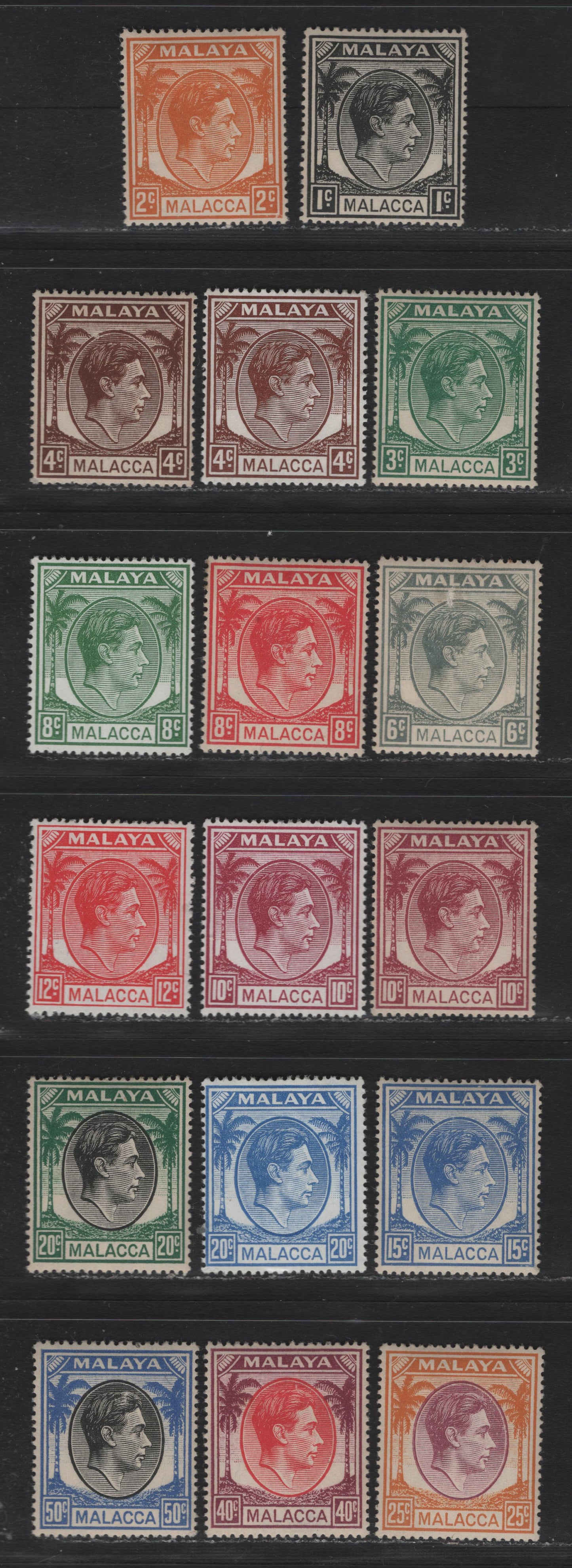 Lot 156 Malaya - Malacca (C) SG#3/14 1c - 50c Black - Black & Blue , 1949-1952 KGVI & Palm Tree Keyplates, 17 F/VFOG Singles, Additional Printings Of The 10c & 4c, Very Minor Gum Toning On A Few Values, 6c Has A Surface Scuff, So Not Counted.