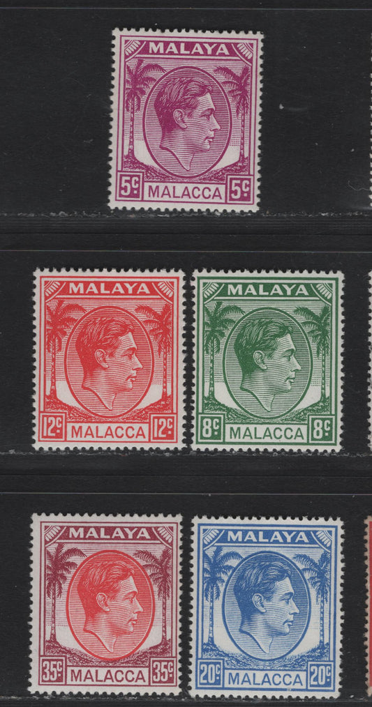 Lot 157 Malaya - Malacca (C) SG#6a, 8a, 9a, 11a, 12a 5c - 35c Bright Purple - Scarlet & Purple , 1949-1952 KGVI & Palm Tree Keyplates, 5 F/VFNH Singles, 1952 Printings, Bright White Paper With Whole, Finely Crackly Gum