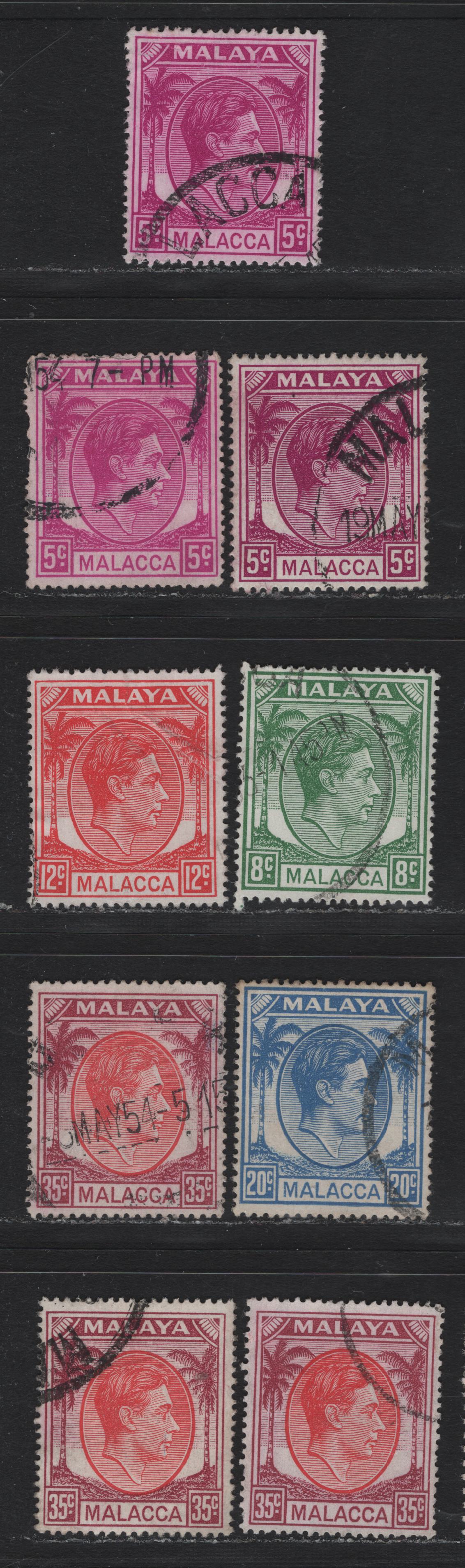 Lot 159 Malaya - Malacca (C) SG#6a, 8a, 9a, 11a, 12a 5c - 35c Bright Purple - Scarlet & Purple , 1949-1952 KGVI & Palm Tree Keyplates, 9 Fine/Very Fine Used Singles, Shade Variations of the 5c & 35c