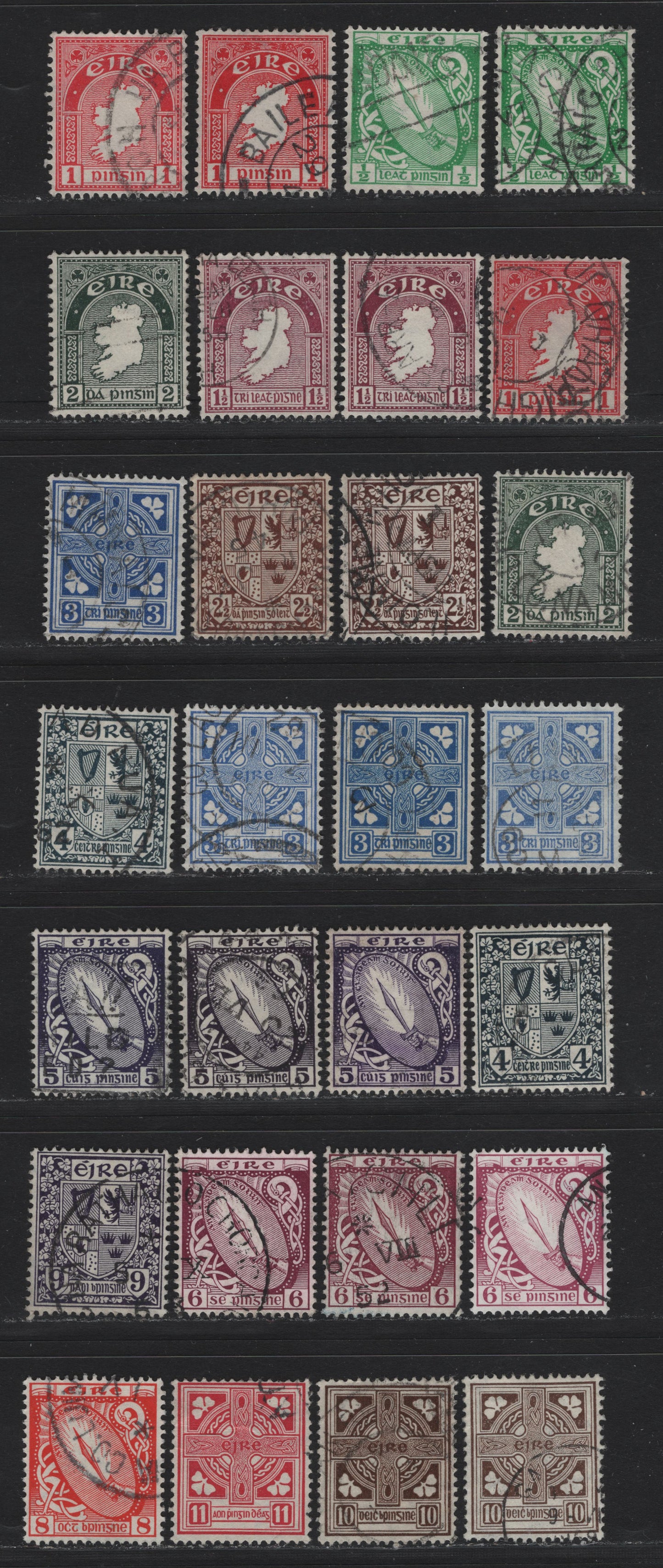 Lot 16 Ireland (C) SG#111/121b 1/2d - 11d Emerald - Rose , 1940-1968 Pictorial Keyplates, 28 Very Fine Used Singles, Multiple E Wmk, Different Printings & Shades, Includes Chalky & Ordinary Paper Printings Of 6d.