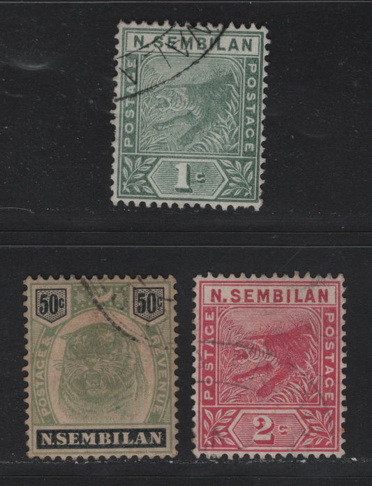Lot 162 Malaya - Negri Sembilan (C) SG#2-3, 14 1c - 50c Green - Green & Black , 1891-1894 Tiger Keyplates, 3 Very Fine Used Singles, 50c Has Gum Toning
