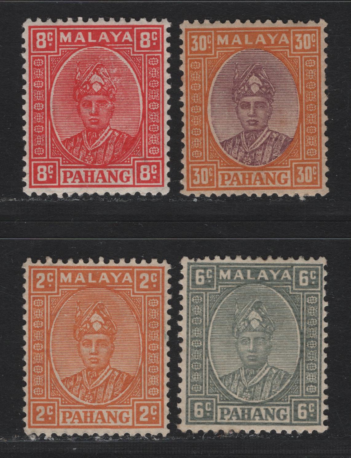 Lot 166 Malaya - Pahang (C) SG#36, 41a, Unlisted 2c - 30c Orange - Dull Purple & Orange , 1935-1941 Sultan Sir Abu Bakar Keyplates, 4 VFOG & Unused Singles, Unissued 1941 2c & 6c, All on Thin Striated Paper Used In 1941 & 1942