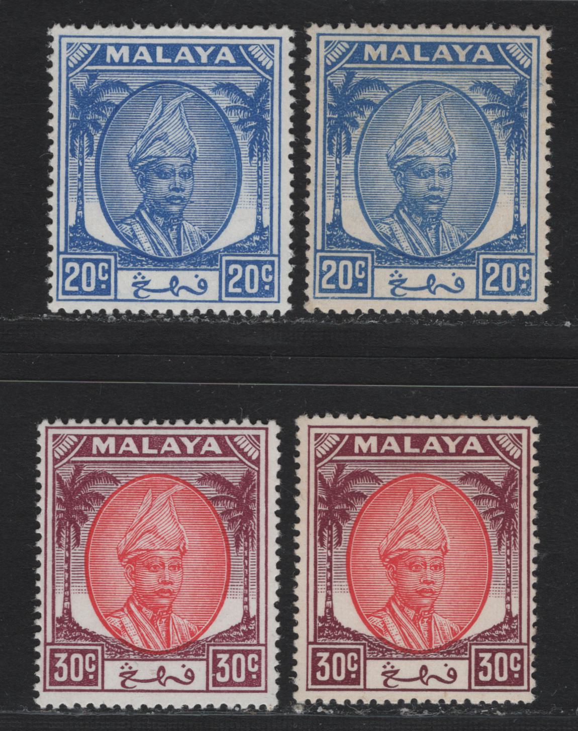 Lot 169 Malaya - Pahang (C) SG#65-a, 67-a 20c - 30c Bright Blue - Scarlet & Purple , 1930-1936 Sultan Sir Abu Bakar Keyplates, 4 F/VFNH Singles, 1952, 1955 & 1956 Printings, Mostly Nh Except 20c Blue (Some Album Adhesions On Gum)