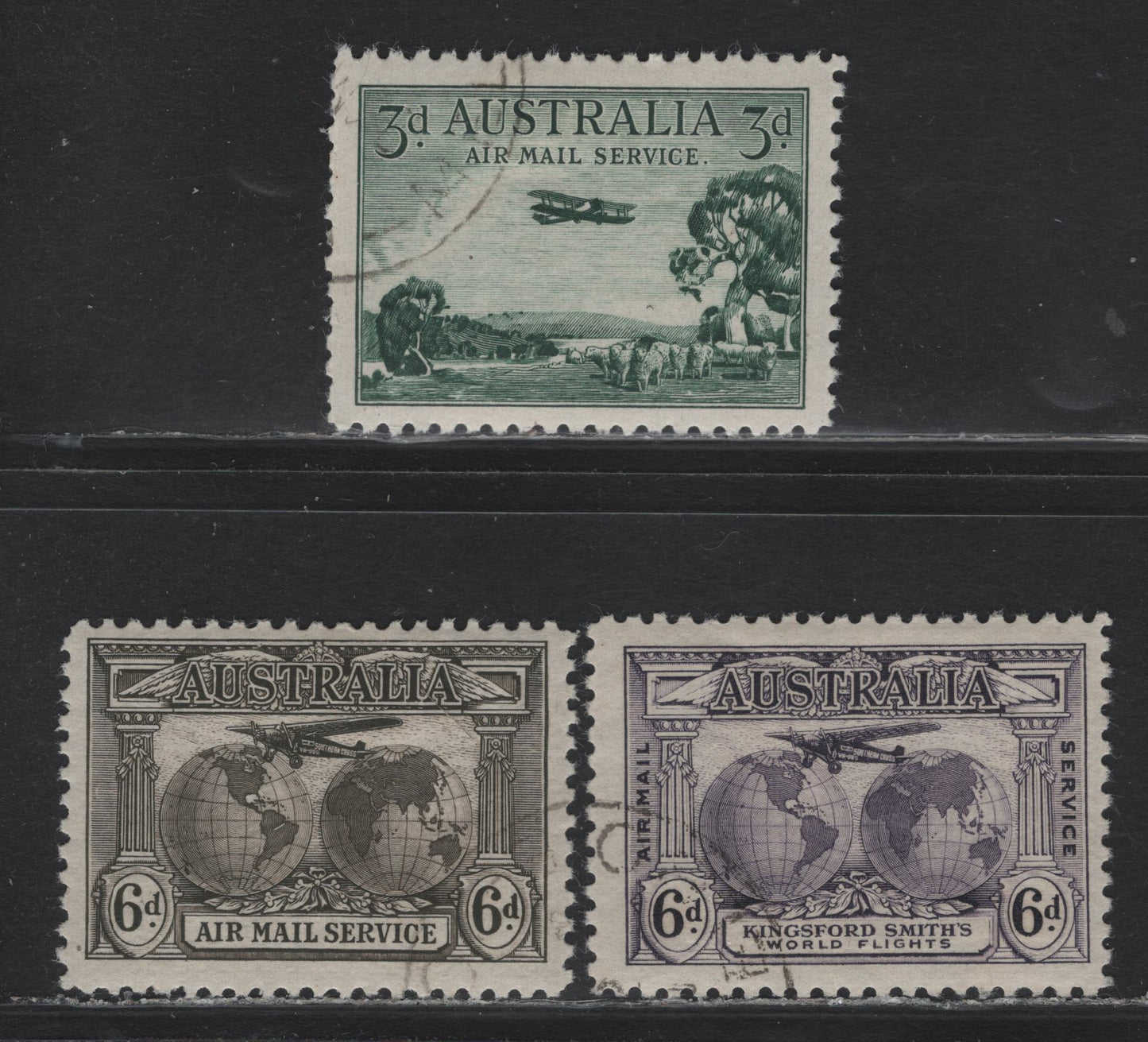 Lot 17 Australia (C) SG#115, 123, 139 3d - 6d Green - Sepia , 1929-1931 Airmail Issue, 3 Fine/Very Fine Used Singles, CTO Examples With Full Gum, Likely From Specimen Sets, Maybe Listed In The Brusden-White Australian Cataloges.