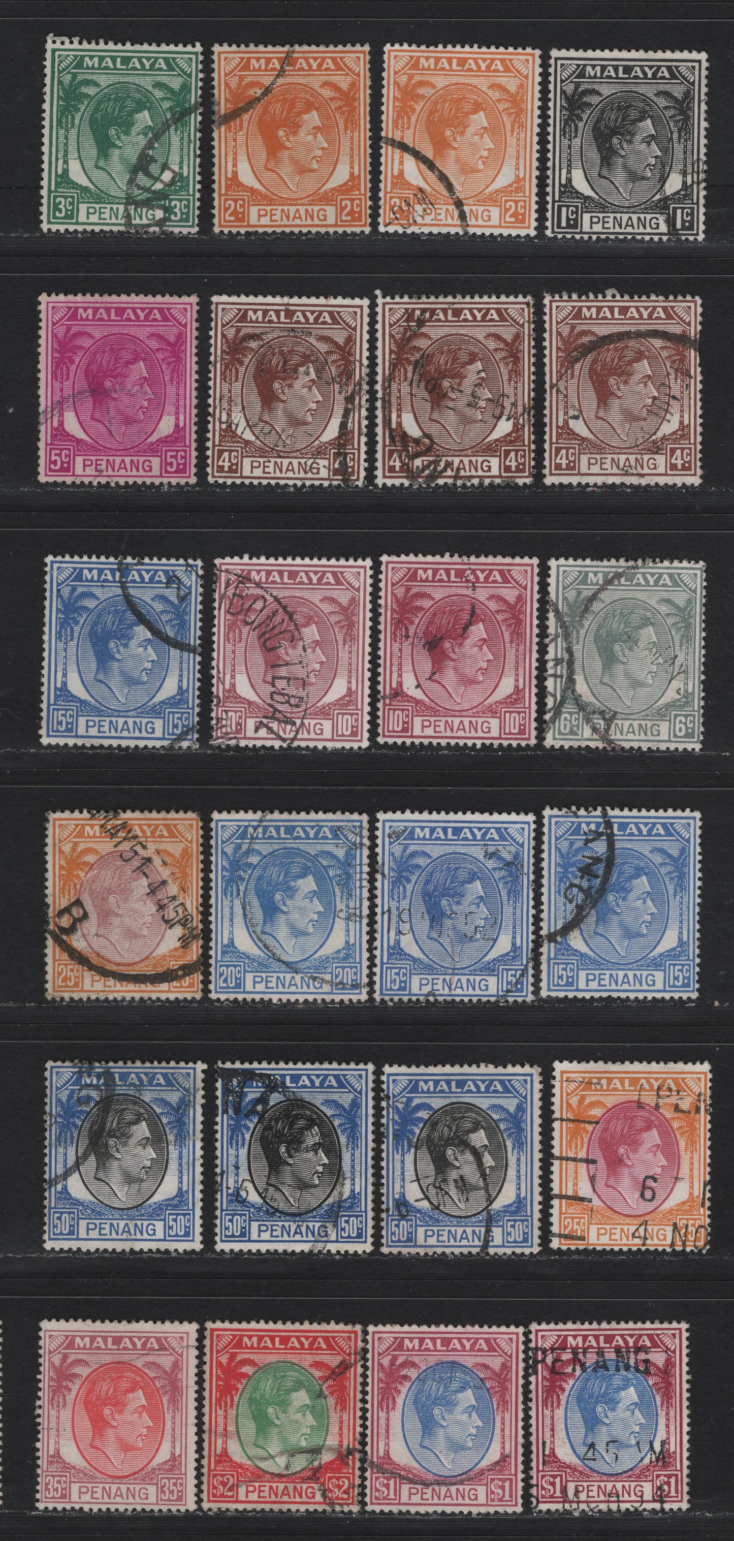 Lot 174 Malaya - Penang (C) SG#3/21 1c - $2 Black - Green & Scarlet , 1949-1952 KGVI Portraits & Palm Tree Keyplates, 24 Fine/Very Fine Used Singles, Shade Variations