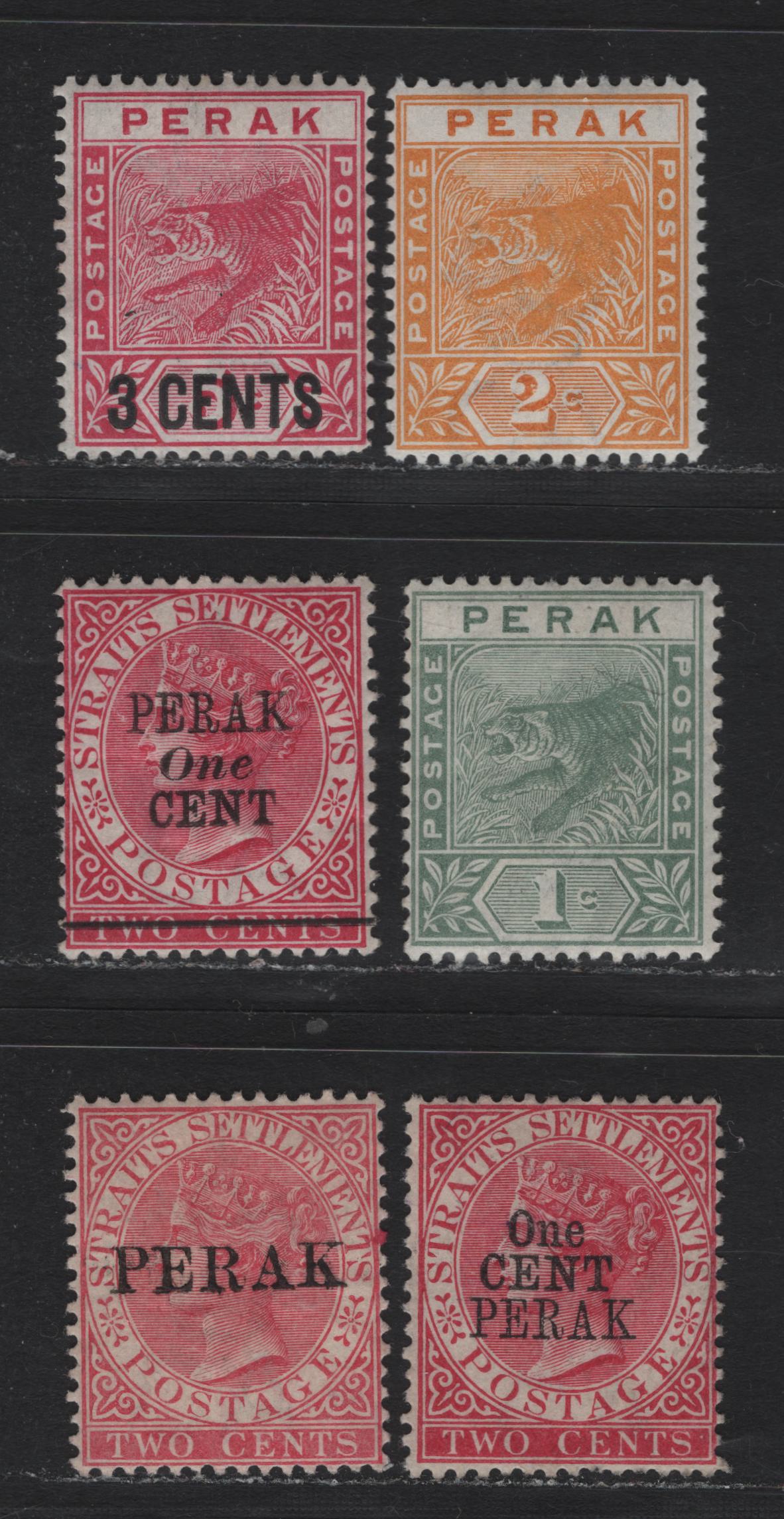 Lot 175 Malaya - Perak (C) SG#17, 37b, 58, 61, 63, 65 2c - 3c on 5c Pale Rose - Rose , 1884-1891 Surcharged & Overprinted Straits Settlements - Surcharged Tiger Issues, 6 F/VFOG/NH & Unused Singles, #58 Has A Small Thin From A Hinge, 2c Orange Is NH