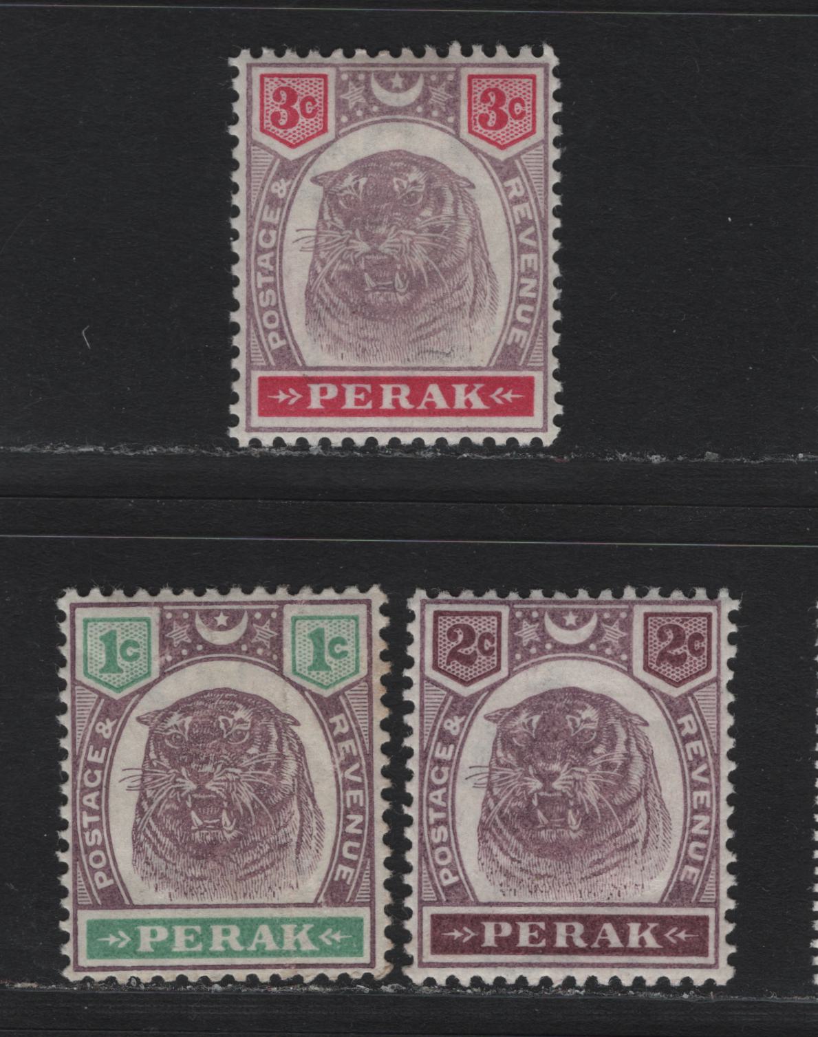 Lot 176 Malaya - Perak (C) SG#66-68 1c - 3c on 4c Dull Purple & Green - Dull Purple & Carmine , 1895-1899 Tiger Keyplates, 3 VFOG Singles