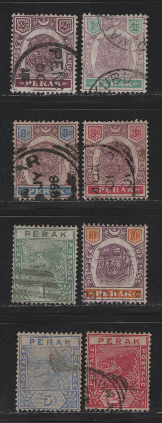 Lot 180 Malaya - Perak (C) SG#61-61, 64, 66-68, 71-72 1c - 10c Green - Dull Purple & Orange , 1892-1899 Tiger Keyplates, 8 Fine/Very Fine Used Singles