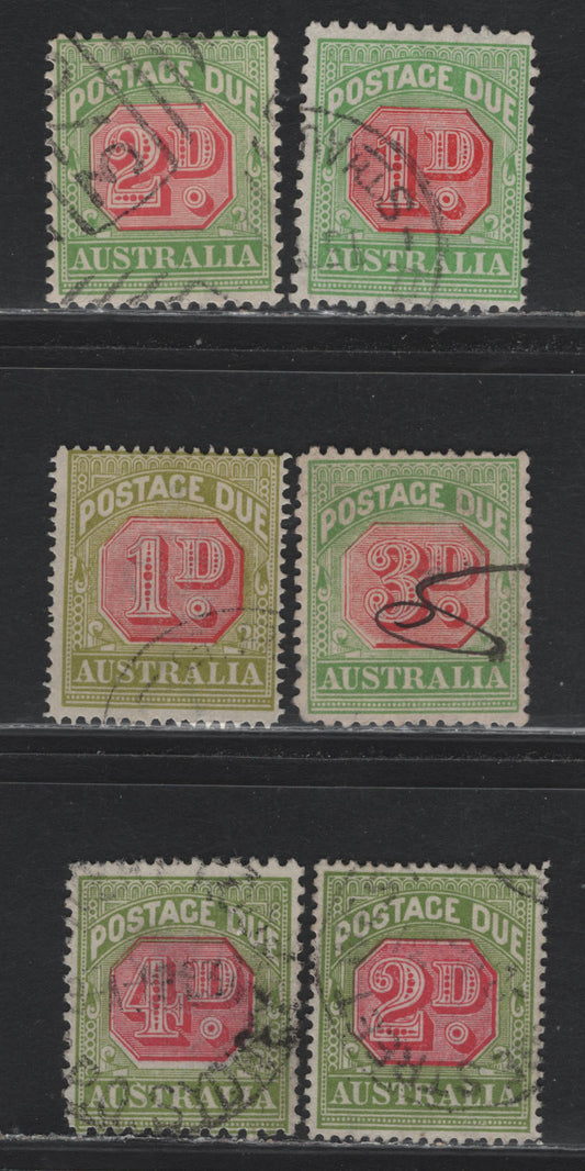 Lot 18 Australia (C) SG#D65a/D98 2d-4d Rosine & Yellow Green - 4d Carmine & Yellow Green Framed Numeral, 1909-1930 Postage Due Issue, 6 Fine & VF Used Singles Wmk Crown & Double Lined A, Perf  12 x 12.5, 11 And Crown Over A, Perf. 14 & 11