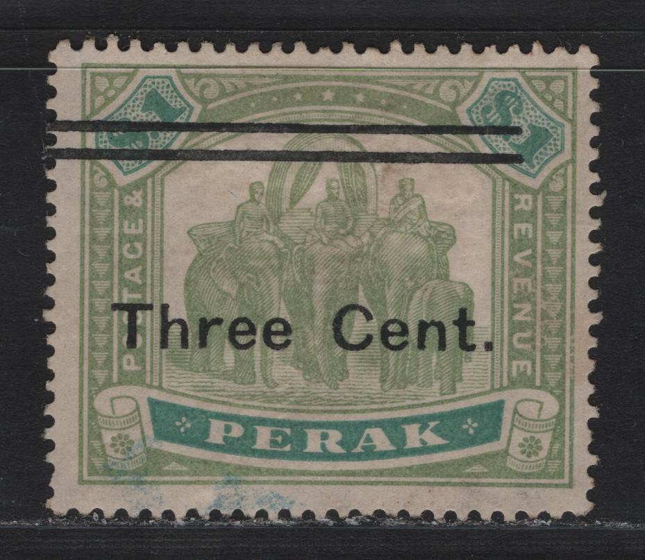Lot 181 Malaya - Perak (C) SG#86 3c on $1 Green & Pale Green , 1900 Surcharged Elephant Issue, A Very Good Used Single, Fine Appearance, But Expertly Filled In Thin