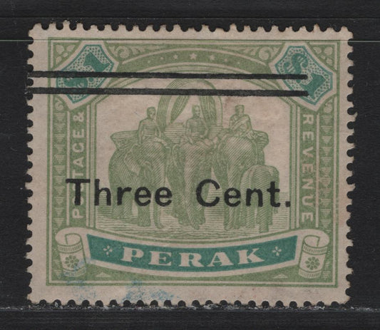 Lot 181 Malaya - Perak (C) SG#86 3c on $1 Green & Pale Green , 1900 Surcharged Elephant Issue, A Very Good Used Single, Fine Appearance, But Expertly Filled In Thin