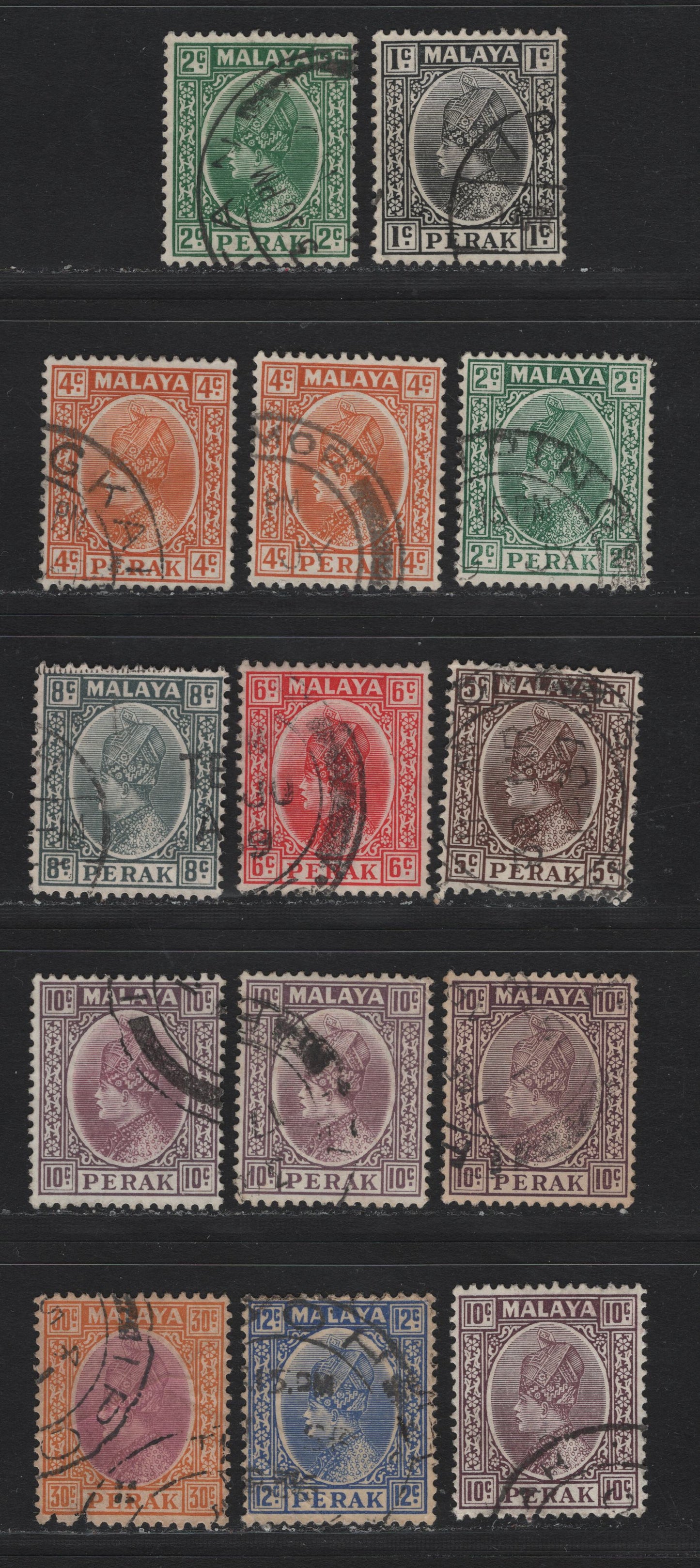 Lot 182 Malaya - Perak (C) SG#88-95, 97 1c - 30c Black - Dull Purple & Orange , 1935-1937 Sultan Iskandar Keyplates, 14 Very Fine Used Singles, Includes Additional Shades