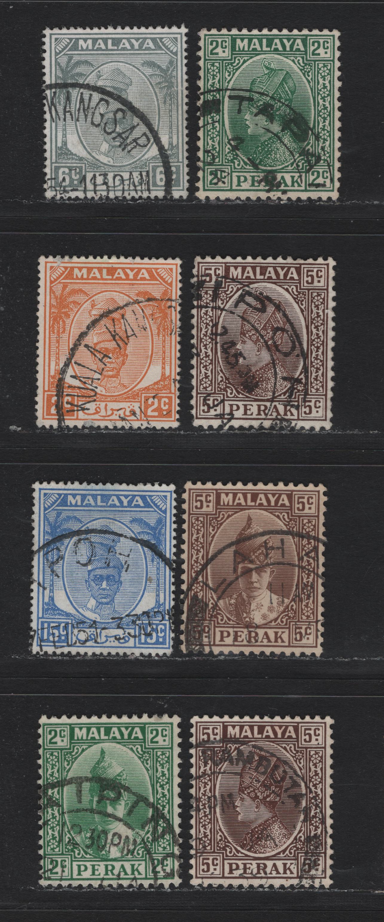 Lot 186 Malaya - Perak (C) SG#89, 91, 104, 108, 129, 133, 138 2c - 15c Green - Ultramarine , 1935-1956 Sultans Iskandar - Yussuf Izzuddin Shah Issues, 8 Fine/Very Fine Used Singles, Includes Tapah, Lahaim, Kuala Kang Sar, Ipoh, Rambuta & Taiping