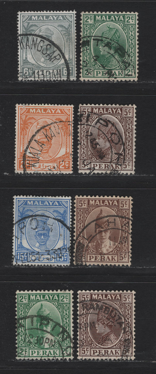 Lot 186 Malaya - Perak (C) SG#89, 91, 104, 108, 129, 133, 138 2c - 15c Green - Ultramarine , 1935-1956 Sultans Iskandar - Yussuf Izzuddin Shah Issues, 8 Fine/Very Fine Used Singles, Includes Tapah, Lahaim, Kuala Kang Sar, Ipoh, Rambuta & Taiping