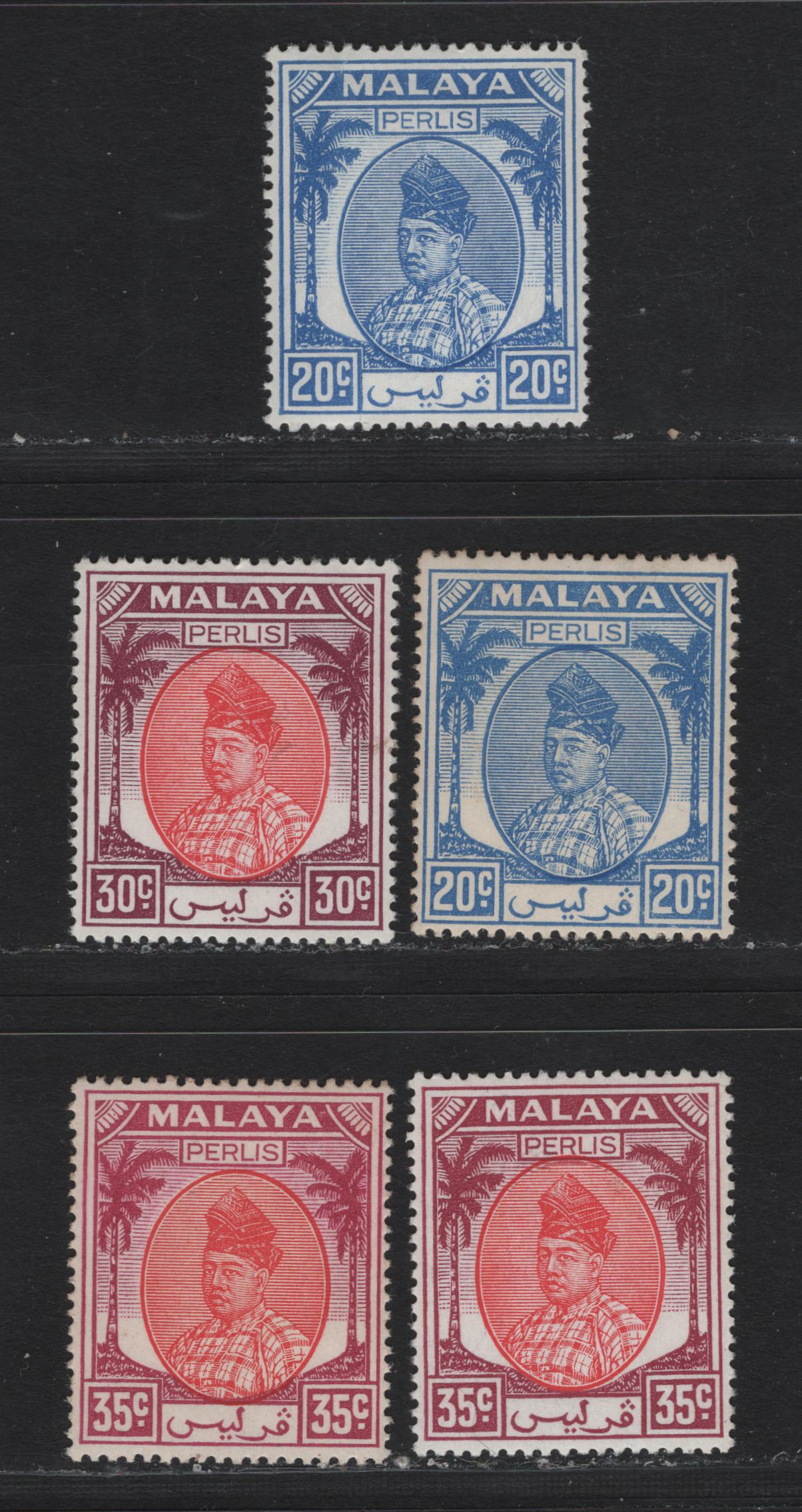Lot 188 Malaya - Perlis (C) SG#19, 21-22 20c - 35c Bright Blue - Scarlet & Bright Red Purple , 1951-1959 Raja Syed Putra Portrait & Palm Tree Keyplates, 5 VFOG/NH Singles, The Later Stamp & Duller Blue 20c Are Hinged But The Others Are NH