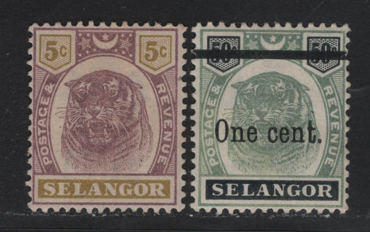 Lot 189 Malaya - Selangor (C) SG#55, 66b 5c - 1c on 50c Dull Purple & Olive Yellow - Green & Black , 1895-1900 Tiger Keyplates - Surcharged Issues, 2 VFOG & Unused Singles, 5c Has No Gum