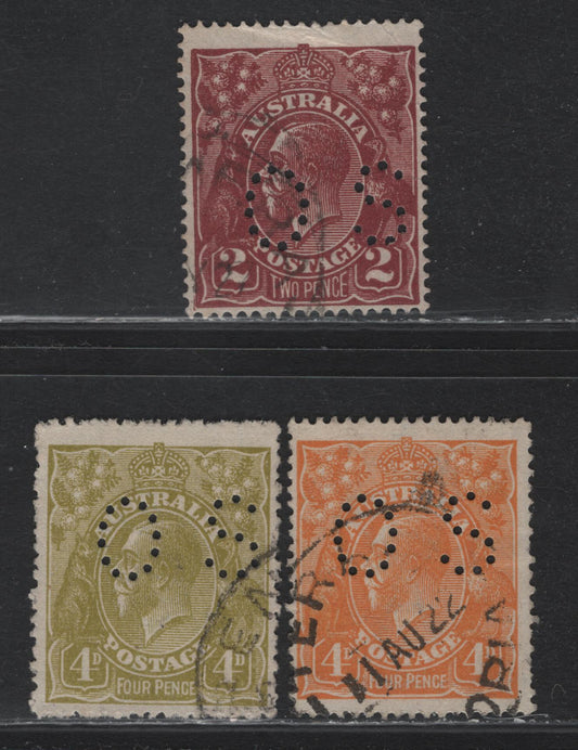Lot 19 Australia (C) SG#O41, O81a, O83 2d-4d Orange, Bright Red Brown & Olive Yellow King George V, 1914-1924 Profile Heads Perf. Small "OS", 3 VG & Fine Used Singles Wmk Pointy Crown Over A, Small Crease On The 2d
