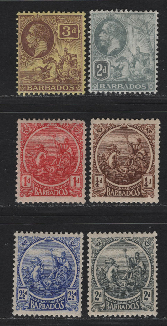 Lot 2 Barbados (C) SG#173, 175, 217, 220b, 221-222 2d - 2.5d Grayish Slate - Ultramarine , 1912-1924 KGV Badge of the Colony - Small Badge of the Colony Issues, 6 F/VFOG Singles