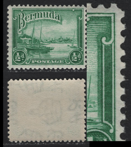 Lot 201 Bermuda SG#98 1/2d Deep Emerald Green , 1936-1952 KGVI Pictorial Issue, A VFNH Single, 1942, 1946 or 1948 Printing, Smooth Gum & Barely Visible Wmk, Showing Faint Extra Frameline At Right.