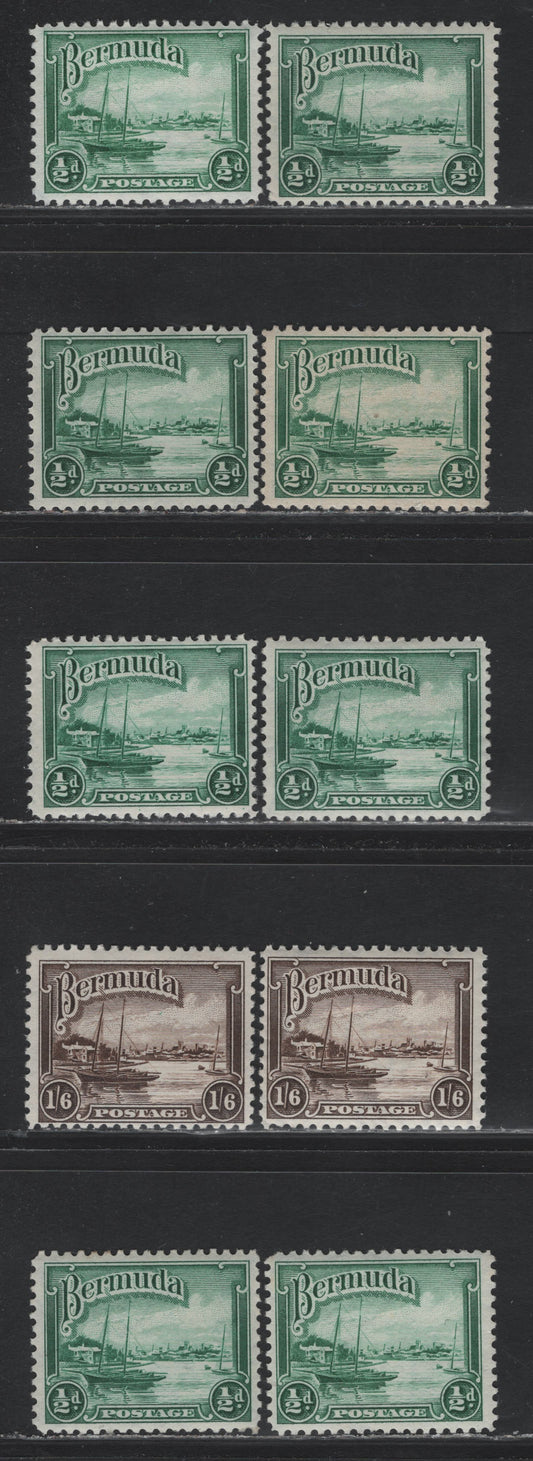 Lot 202 Bermuda SG#98, 106 1/2d - 1/6d Deep Emerald Green - Brown , 1936-1952 KGVI Pictorial Issue, 10 F/VFOG Singles, Different Line Printings (1936, 1942, 1946 & 1948), Different Gum Patterns