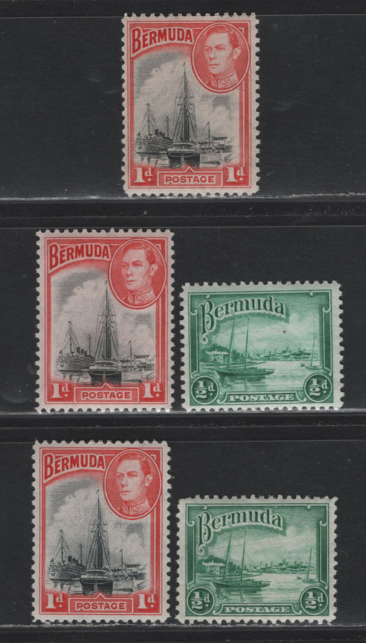 Lot 203 Bermuda SG#98, 110 1/2d - 1d Blue Green & Deep Emerald Green - Jet Black & Bright Rose Red , 1936-1952 KGVI Pictorial Issue, 5 VFNH Singles, 1940-1942 Printings On Opaque Paper With Barely Visible Wmk & Crackly Gum With Diagonal Crazing
