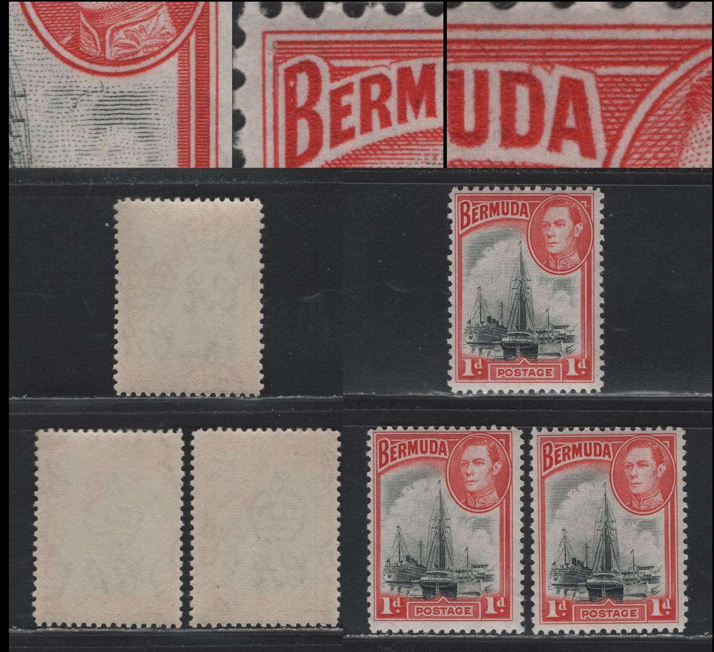 Lot 204 Bermuda SG#110 1d Jet Black & Bright Rose Red , 1936-1952 KGVI Pictorial Issue, 3 FNH Singles, Regular Diagonal Crazing Pattern, Opaque Paper With Barely Visible Wmk, Showing Possible Constant or Random Plate Flaws.