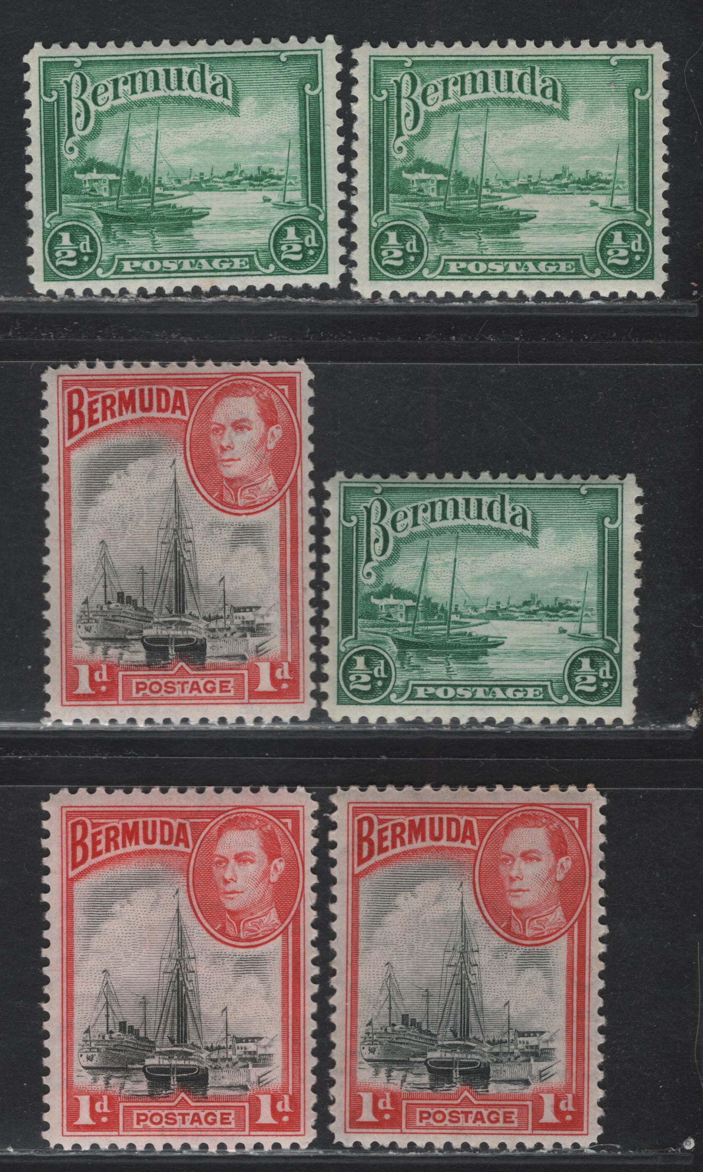 Lot 206 Bermuda SG#98, 110 1/2d - 1d Emerald Green - Gray Black & Deep Rose Red , 1936-1952 KGVI Pictorial Issue, 6 VFNH Singles, Line Perf Printings On Opaque Paper, Barely Visible Wmk & Smooth Gum, Likely From 1946-1948 Period.