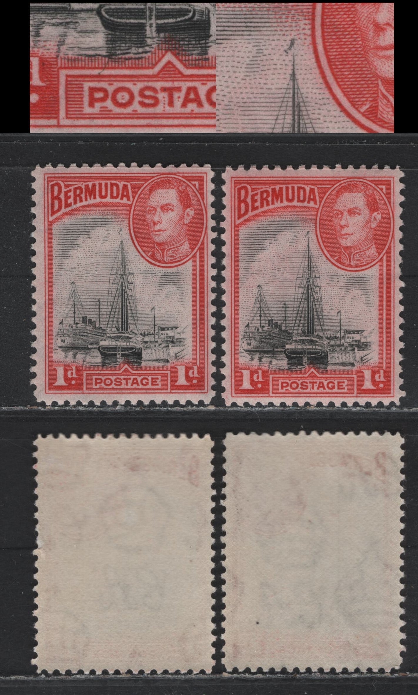 Lot 207 Bermuda SG#110var 1d Black & Deep Rose Red , 1936-1952 KGVI Pictorial Issue, 2 F/VFNH Singles, 1946-48 Period On Opaque Wove Paper, Smooth Gum & Barely Visible Wmk, Showing Possible Constant Plate Flaws.