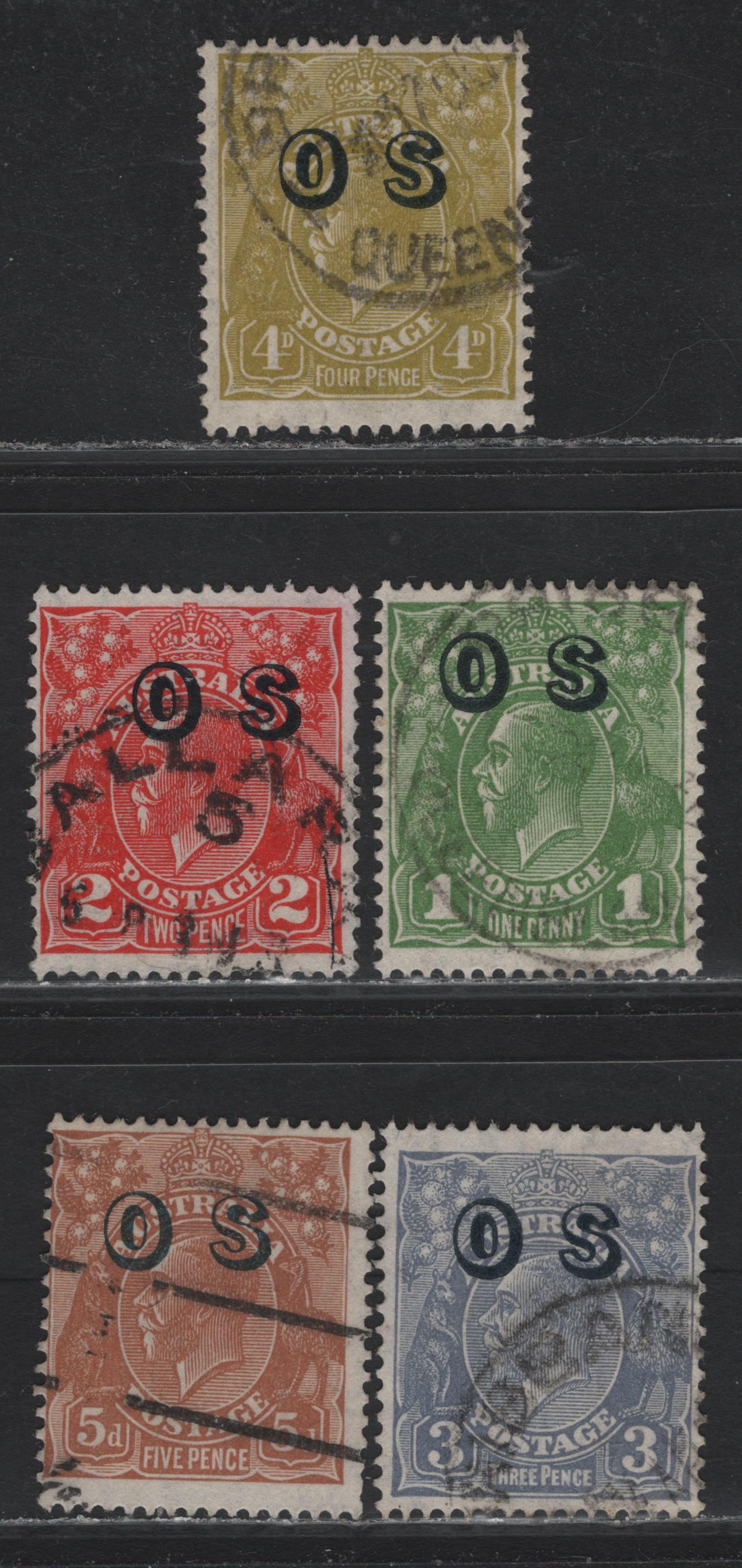Lot 21 Australia (C) SG#O126, O129-O132 4d-5d Yellow Olive - Orange Brown King George V, 1932-1933 Profile Heads Perf. Small "OS", 5 Fine & VF Used Singles Small Multiple Wmk and C of A Wmk, Overprinted OS