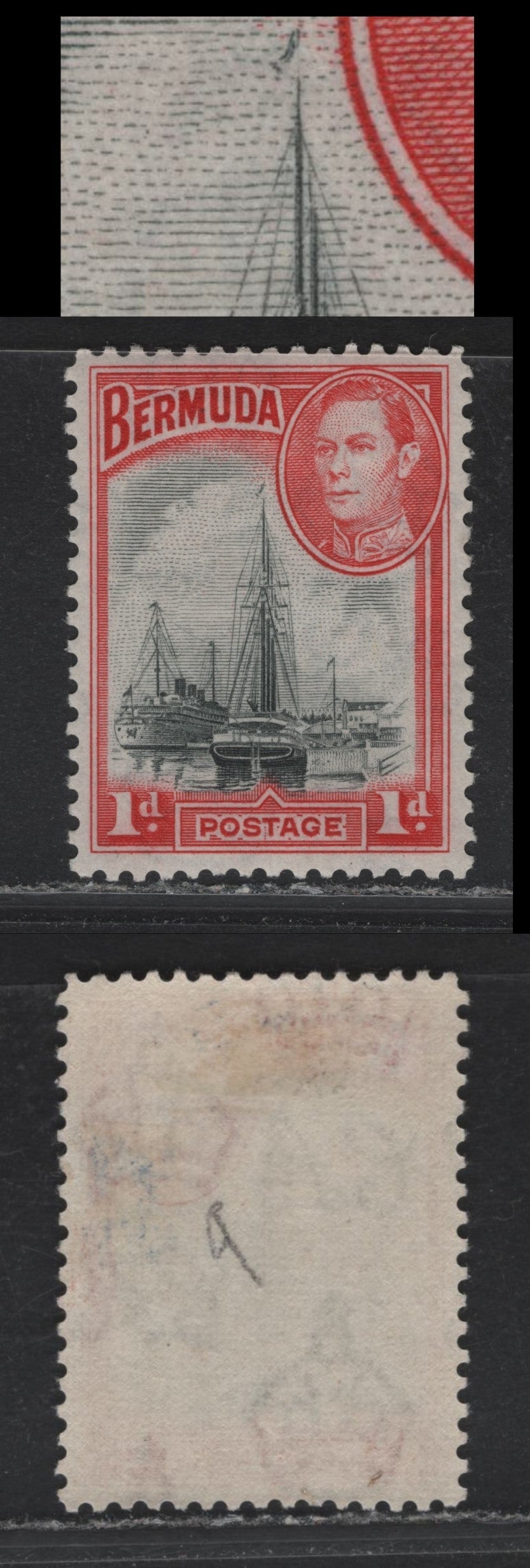 Lot 211 Bermuda SG#110var 1d Gray Black & Deep Red , 1936-1952 KGVI Pictorial Issue, A VFOG Single, 1950 Comb Perf Printing On translucent Paper With Transparent Wmk & Smooth Gum, Very Fine Diagonal Cracks, Showing Constant Variety
