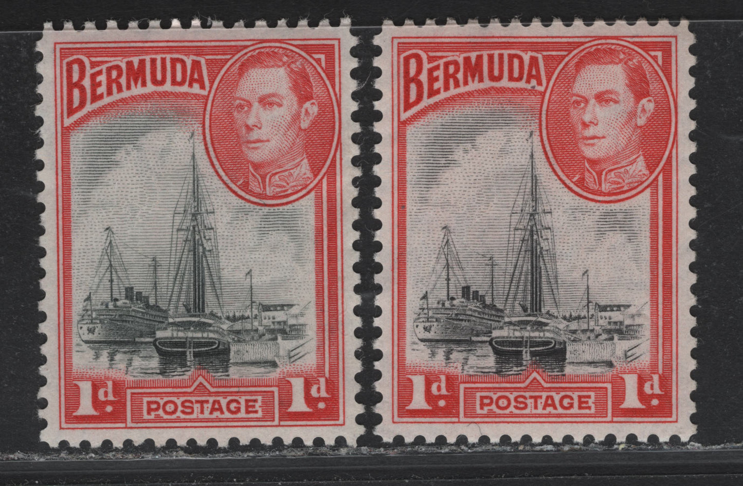Lot 212 Bermuda (C) SG#110 1d Gray Black & Deep Red - Black & Deep Red , 1936-1952 KGVI Pictorial Issue, 2 VFOG Singles, 1951-52 Comb Perf Printings On Opaque Paper With Barely Visible Wmk & With Distinct Cross-Hatched Mesh