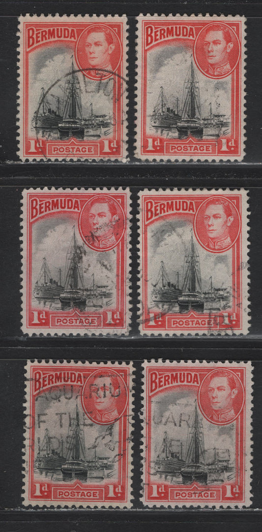 Lot 213 Bermuda (C) SG#110 1d Black & Claret -Black & Deep Red , 1936-1952 KGVI Pictorial Issue, 6 Fine/Very Fine Used Singles, 1938 Printing With Line Perf & October 1950 Comb Printing, Different Papers