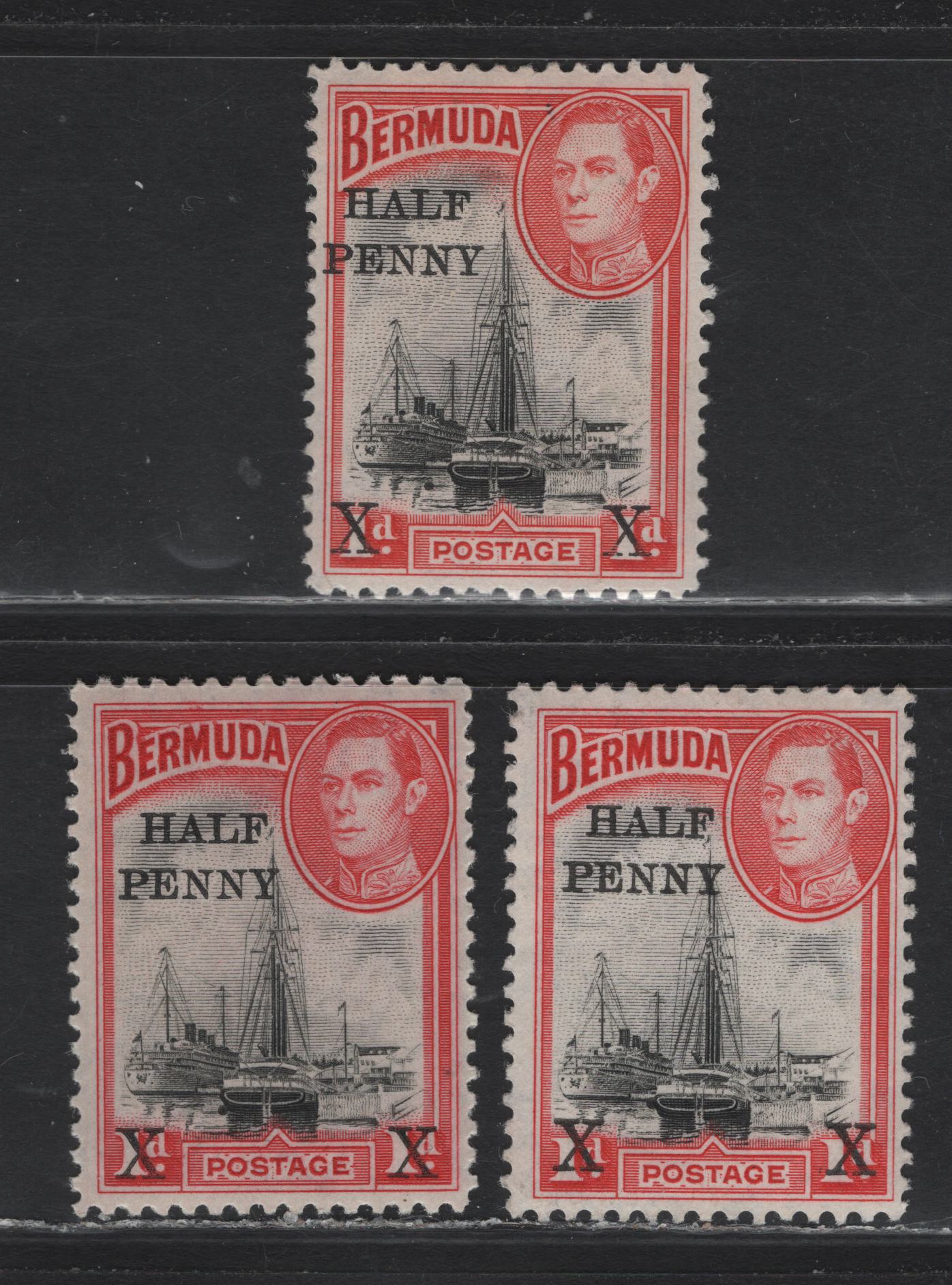 Lot 214 Bermuda (C) SG#122 1/2d on 1d Rosy Vermillion , 1936-1952 KGVI Pictorial Issue, 3 VFOG Singles, 1940 Printings, Crackly Gum, Showing 14mm Spacing Between Penny & X.