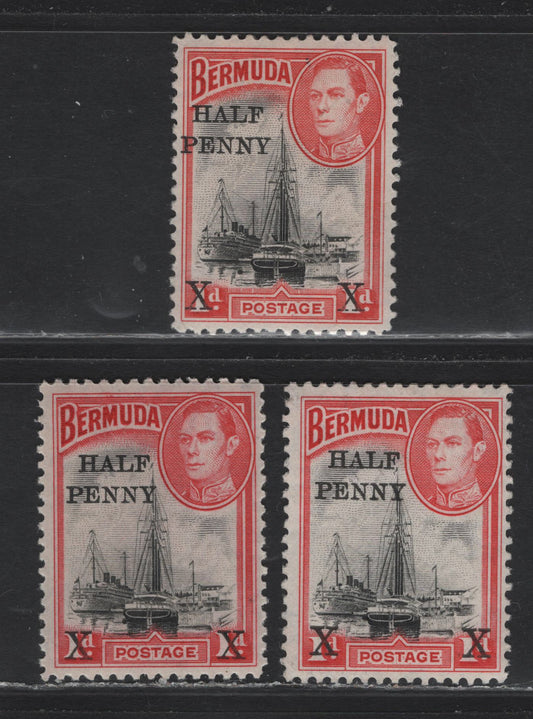 Lot 214 Bermuda (C) SG#122 1/2d on 1d Rosy Vermillion , 1936-1952 KGVI Pictorial Issue, 3 VFOG Singles, 1940 Printings, Crackly Gum, Showing 14mm Spacing Between Penny & X.