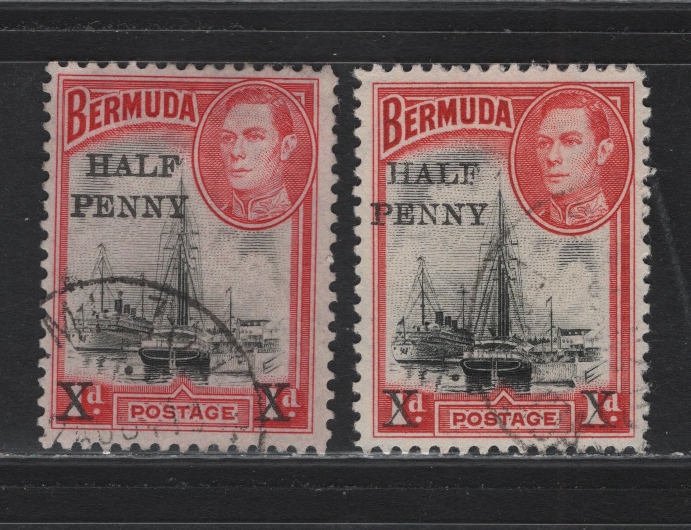 Lot 215 Bermuda (C) SG#122 1/2d on 1d Black & Rose Scarlet - Black & Rosy Vermillion , 1936-1952 KGVI Pictorial Issue, 2 Fine/Very Fine Used Singles, 1940 Printings, Showing 14mm Spacing Between Penny & X