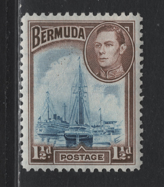 Lot 218 Bermuda SG#111a 1.5d Dull Blue & Deep Violet Brown , 1936-1952 KGVI Pictorial Issue, A VFNH Single, 1943 Printing, Line Perf On Opaque Paper With Barely Visible Wmk, Smooth Appearing Gum With Fine Diagonal Cracks.