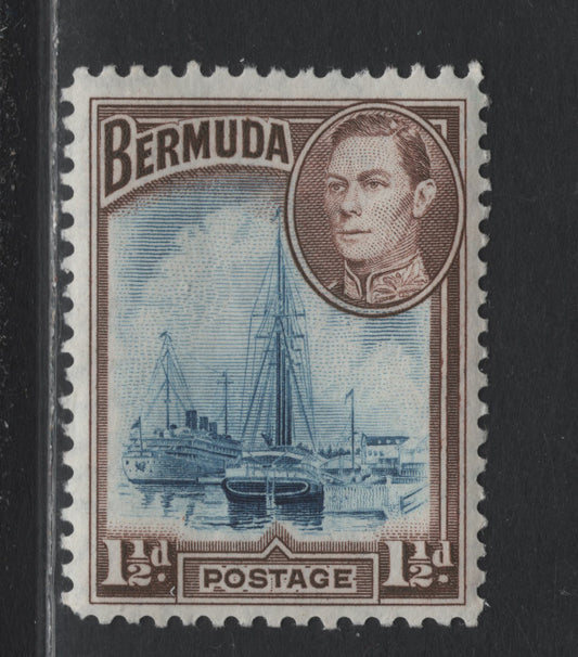 Lot 220 Bermuda SG#111a 1.5d Dull Blue & Violet Brown , 1936-1952 KGVI Pictorial Issue, A VFNH Single, 1942-1943 Printing, Opaque Paper With Barely Visible Wmk, Crackly Gum With Visible Diagonal Cracks, Line Perf.