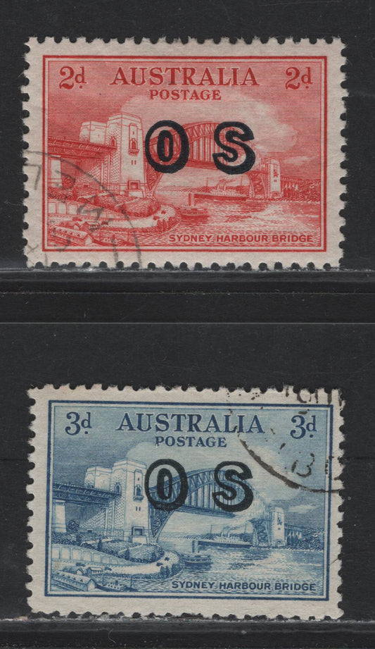 Lot 22 Australia (C) SG#O134-O135 2d-3d Scarlet & Blue Sydney Harbour Bridge, 1932 Sydney Harbour Bridge Issue, 2 Fine & VF Used Singles Overprinted OS, 2d Is a CTO Without Gum