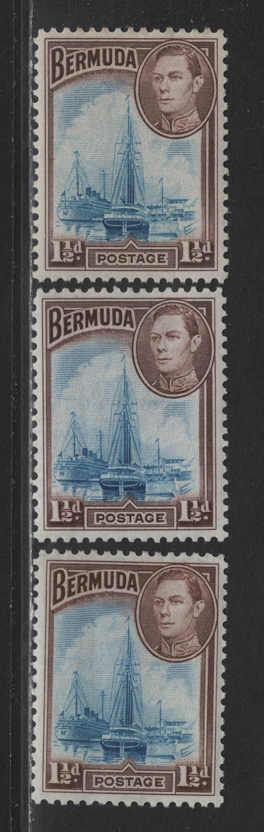 Lot 225 Bermuda (C)SG#111b 1.5d Blue & Deep Violet Brown - Light Blue & Deep Brown Purple , 1936-1952 KGVI Pictorial Issue, 3 VFNH Singles, 1950-52 Comb Perf Printing, Opaque Paper With Clear Wmk & White Crackly Gum