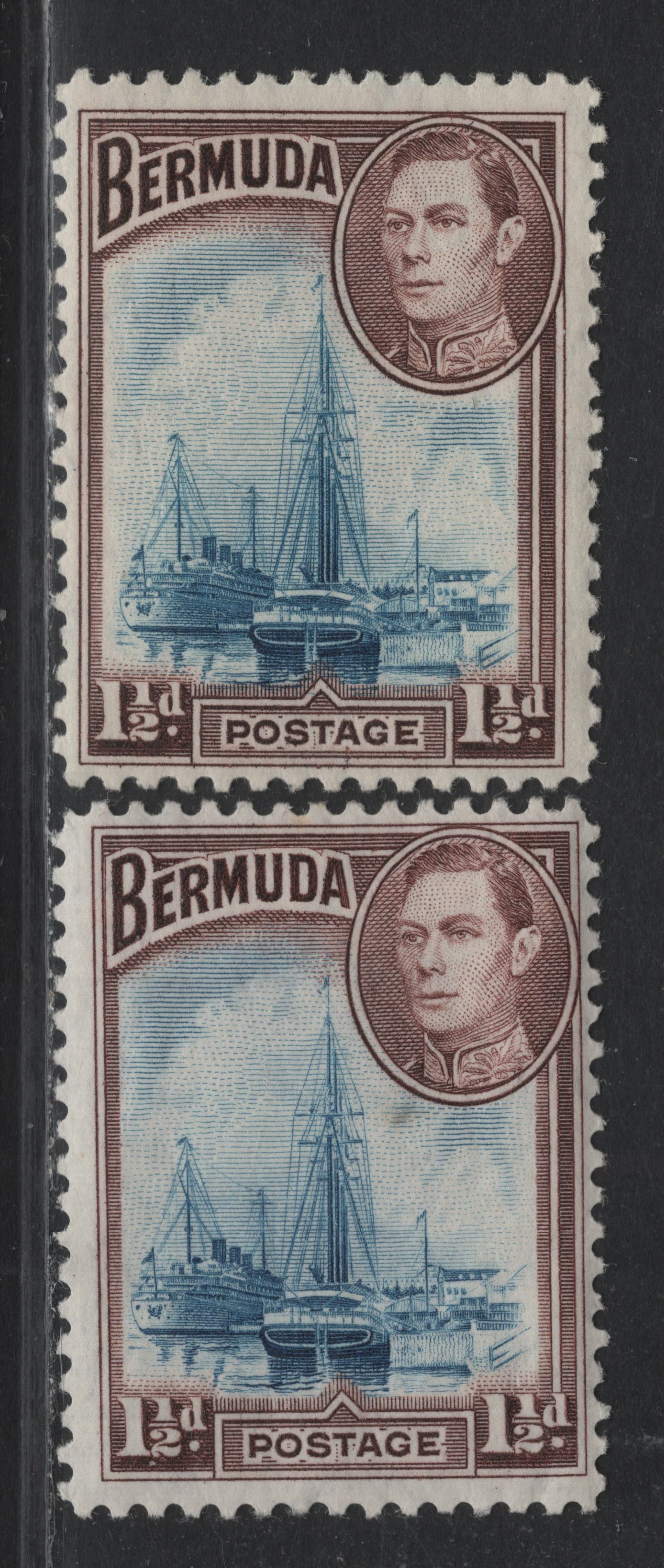 Lot 226 Bermuda SG#111 1.5d Blue & Deep Brown Purple - Deep Blue & Brown Purple , 1936-1952 KGVI Pictorial Issue, 2 FOG Singles, 1938 Printings, Opaque Paper With Invisible Wmk (Not Visible W/o Fluid), Cream Paper Showing Random Crazing Pattern.