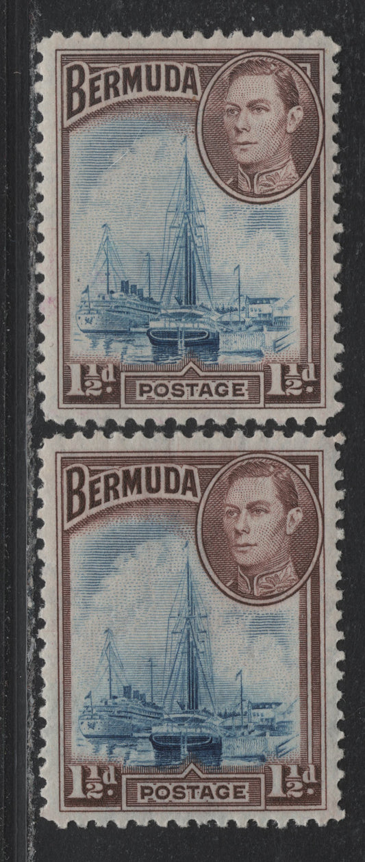 Lot 227 Bermuda (C)SG#111a 1.5d Deep Blue & Deep Purple Brown - Blue & Deep Brown Purple , 1936-1952 KGVI Pictorial Issue, 2 VFOG Singles, 1940 & '44 Printings, Line Perf, Different Papers
