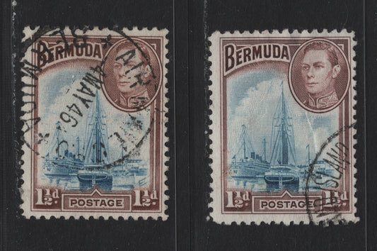 Lot 229 Bermuda SG#111a 1.5d Blue & Purple Brown - Blue & Brown Purple , 1936-1952 KGVI Pictorial Issue, 2 Fine Used Singles, 1943 & 1945 Printings, Opaque Paper With Clear Wmk & Coarse Mesh