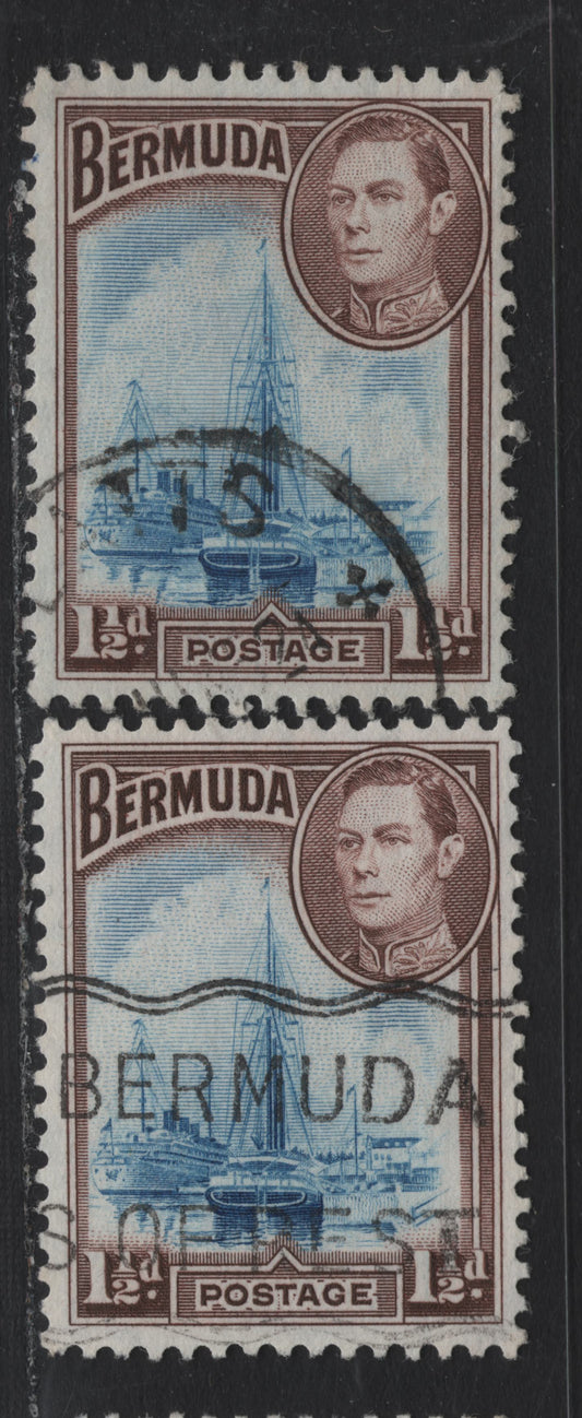 Lot 230 Bermuda (C)SG#111, 111b 1.5d Light Blue & Purple brown - Blue & Deep Purple Brown , 1936-1952 KGVI Pictorial Issue, 2 Fine/Very Fine Used Singles, October 1950 & 52 Comb Perf Printings, Translucent Paper With Clear Wmk/Cross Hatched Mesh